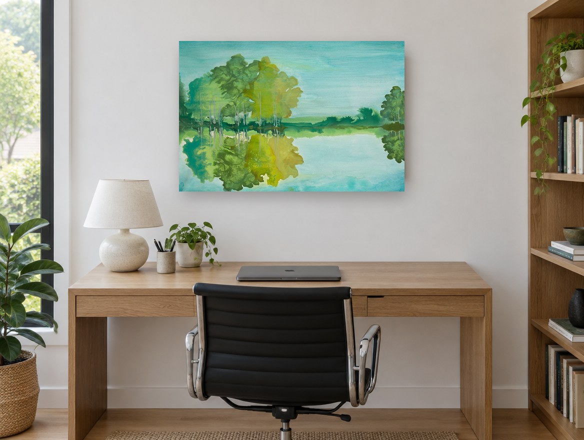 Teal Lake Reflections landscape canvas print on the wall of a study