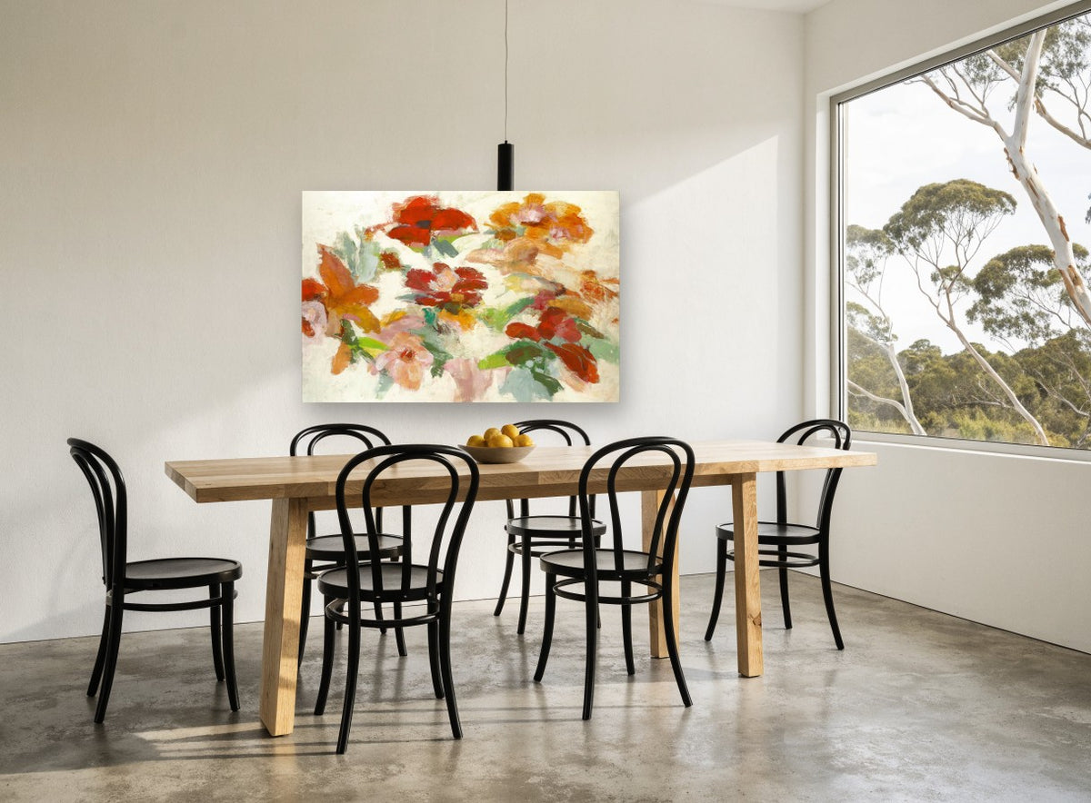 Scattered Autumn Blooms floral canvas print on the wall of a dining room