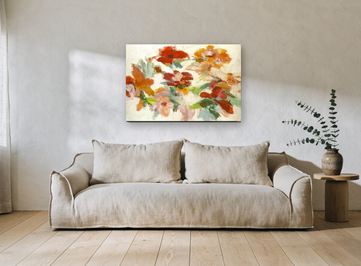 Scattered Autumn Blooms floral canvas print on the wall of a living room
