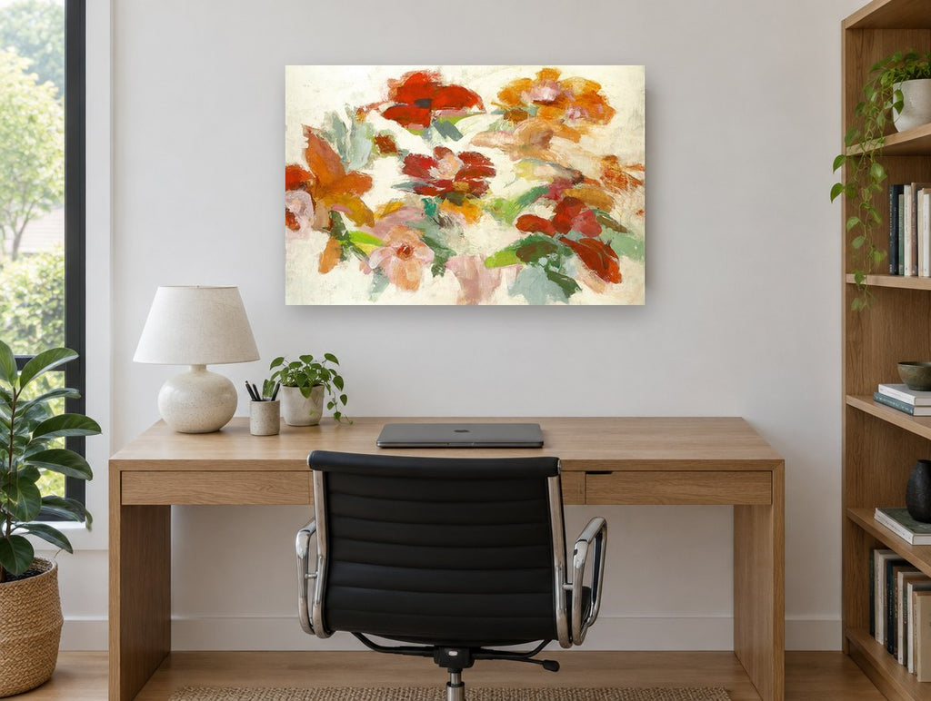 Scattered Autumn Blooms floral canvas print on the wall of a study