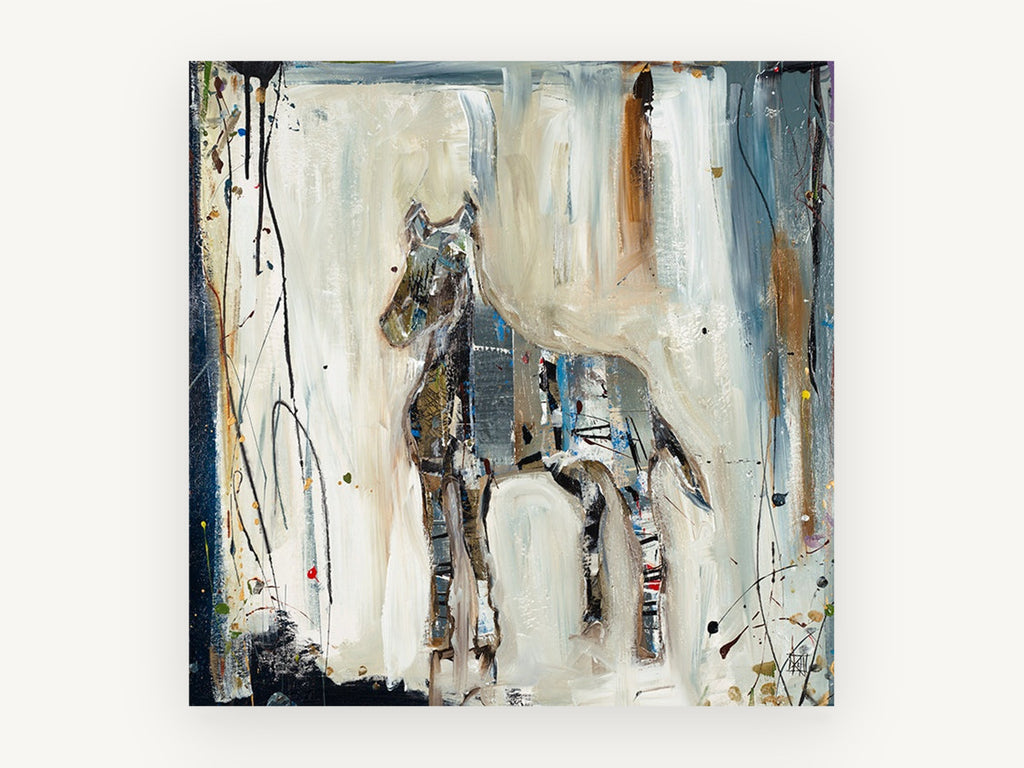Pale Horse in Motion, abstract horse mixed media artwork, animal canvas wall art print, front view