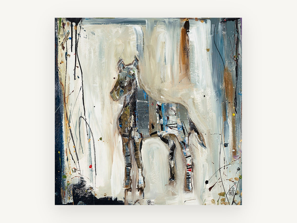 Pale Horse in Motion, abstract horse mixed media artwork, animal canvas wall art print, front view