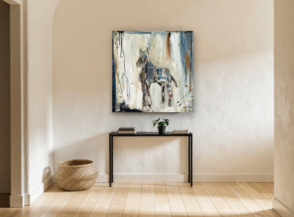 Pale Horse in Motion animal canvas print on the wall of a hallway