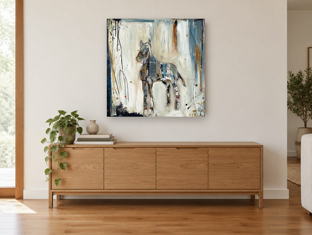 Pale Horse in Motion animal canvas print on the wall of a living room above a sideboard