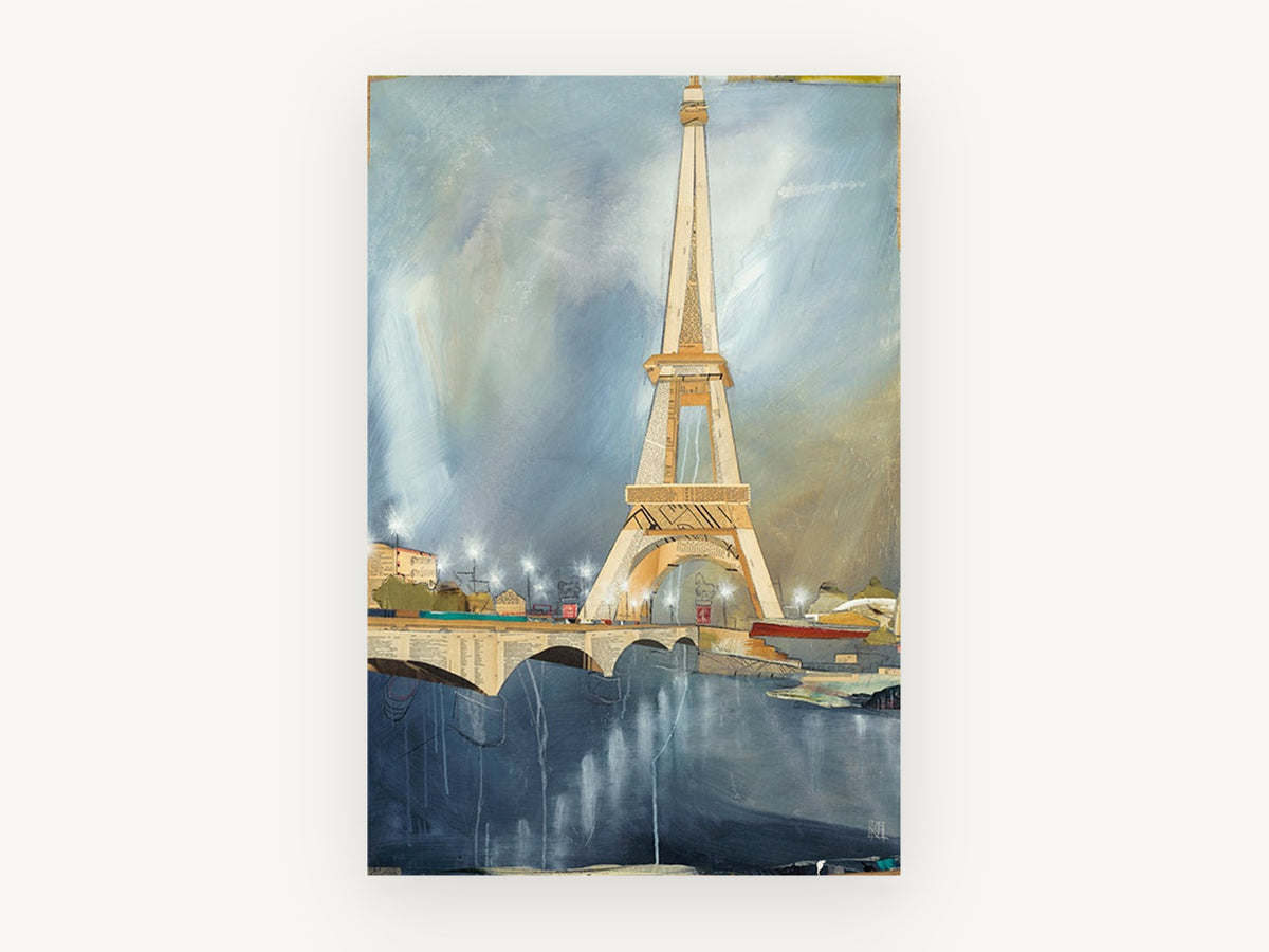 Eiffel Tower Dusk Collage, eiffel tower collage style art, city canvas wall art print, front view