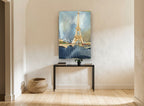 Eiffel Tower Dusk Collage city canvas print on the wall of a hallway