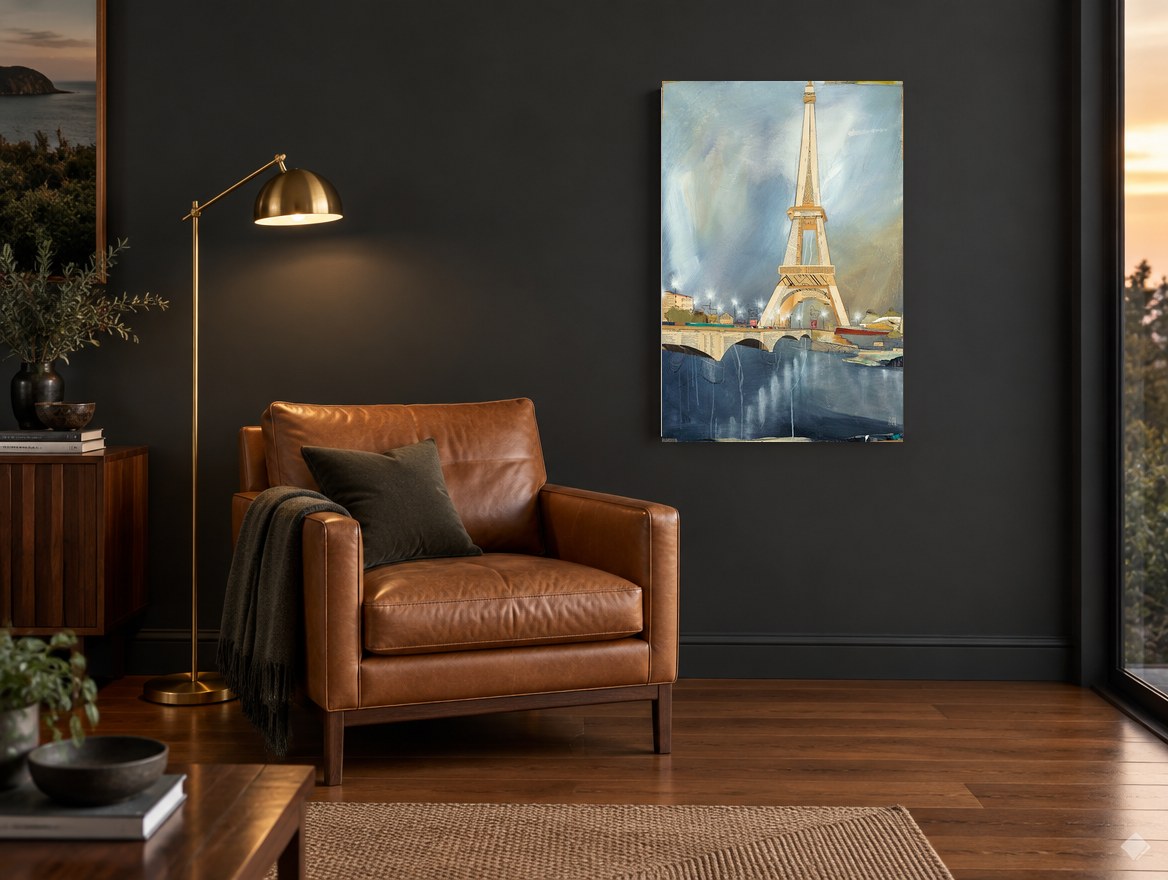 Eiffel Tower Dusk Collage city canvas print on the wall of a charcoal living room