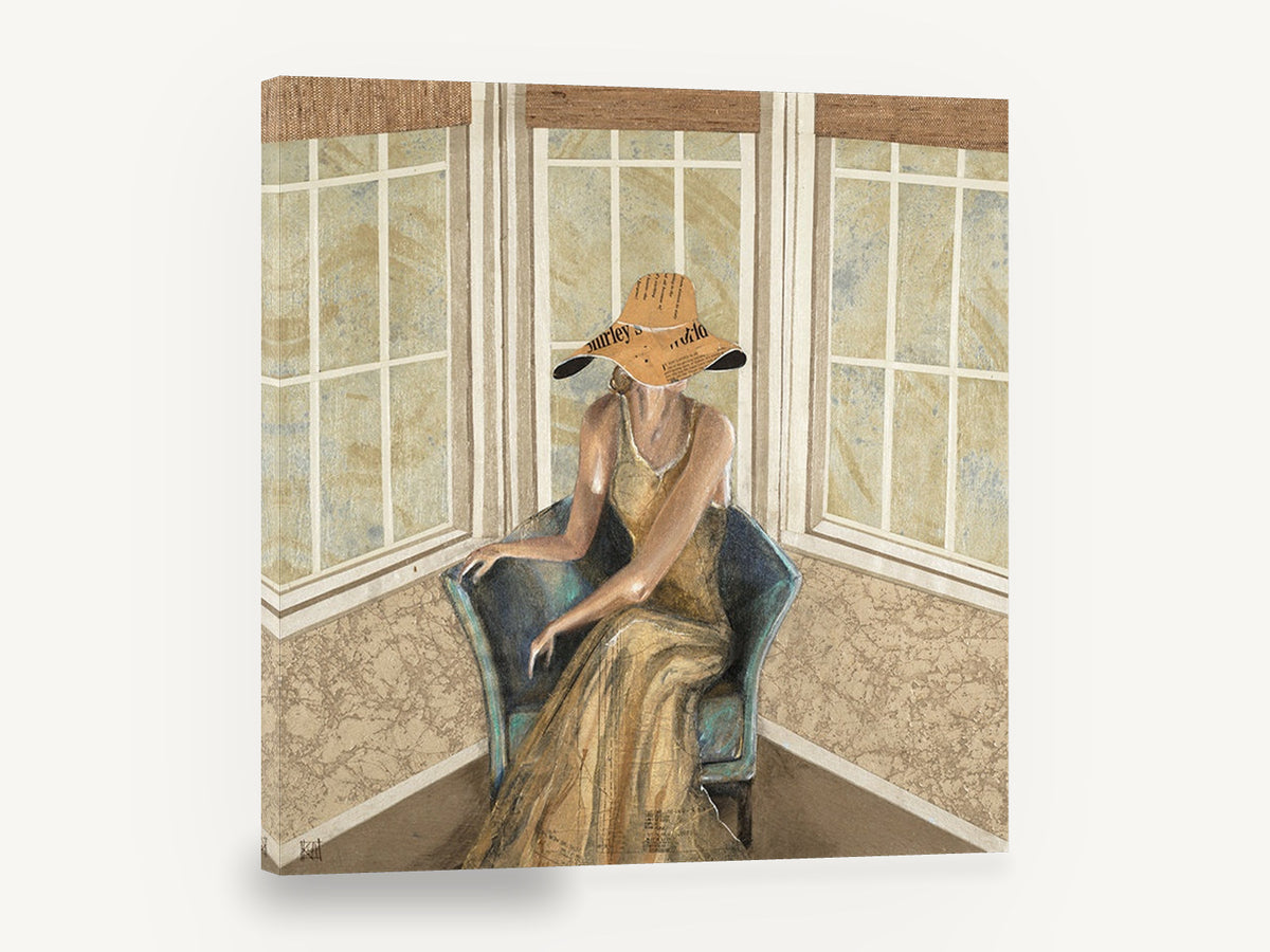 Lady in the Bay Window, retro woman seated in armchair, stretched canvas wall art print ready to hang