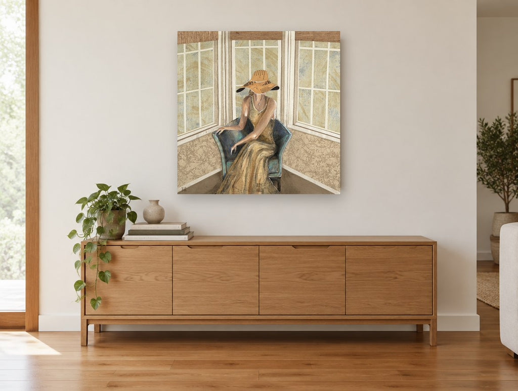 Lady in the Bay Window vintage canvas print on the wall of a living room above a sideboard