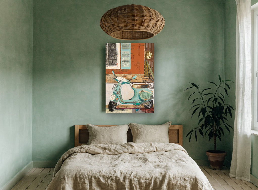 Aqua Scooter Collage vintage canvas print on the wall of a bedroom