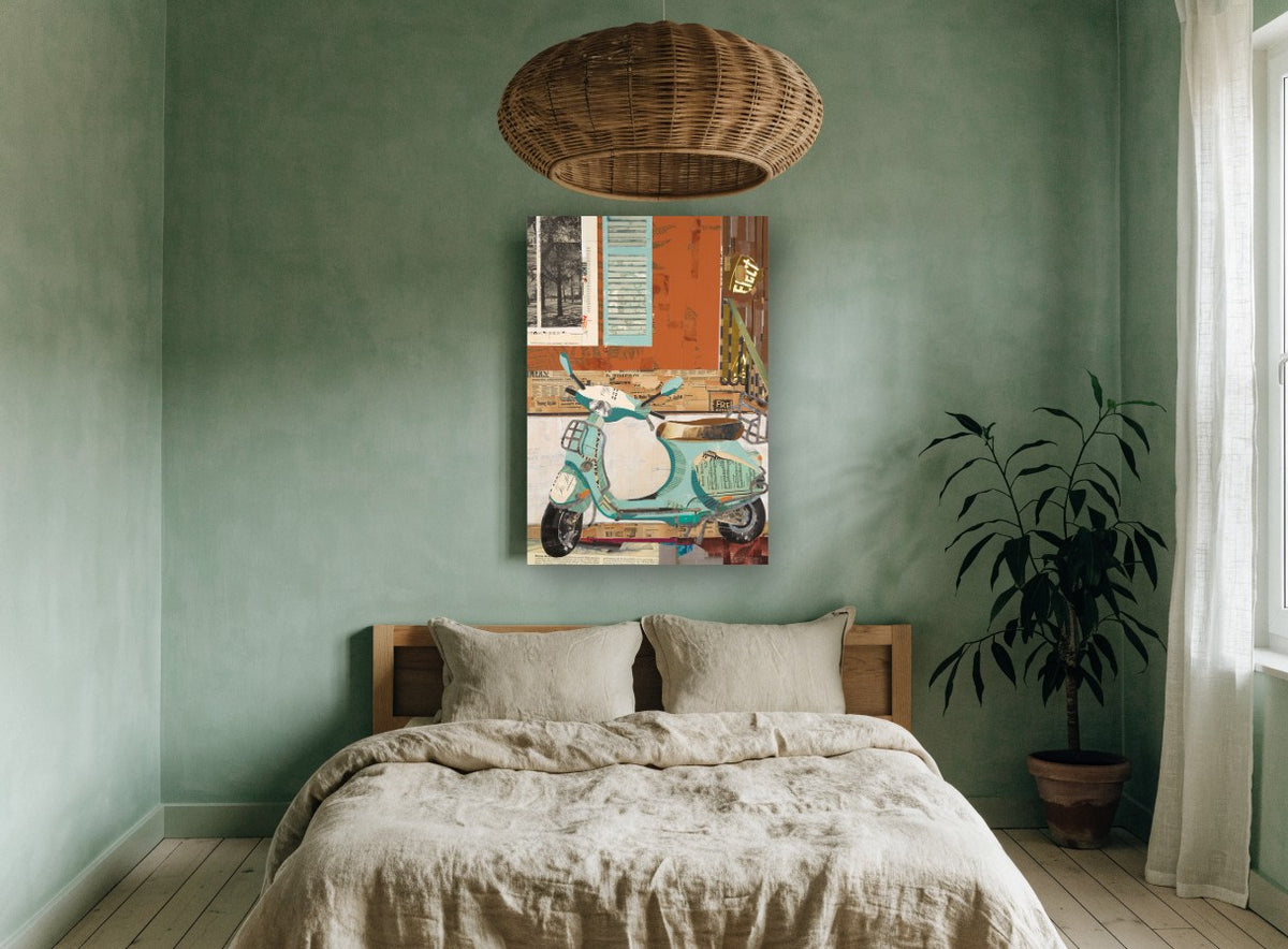 Aqua Scooter Collage vintage canvas print on the wall of a bedroom