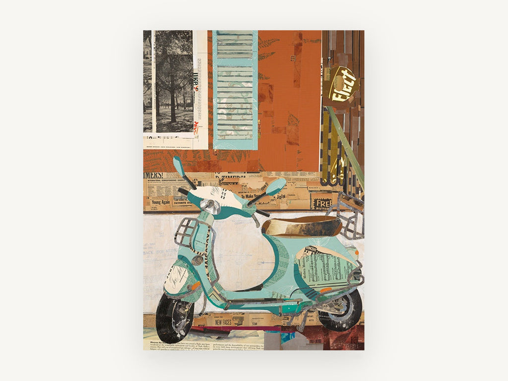 Aqua Scooter Collage, vintage canvas wall art print, front view