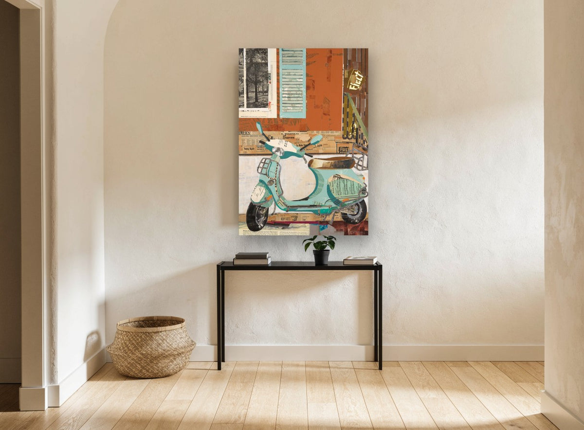 Aqua Scooter Collage vintage canvas print on the wall of a hallway