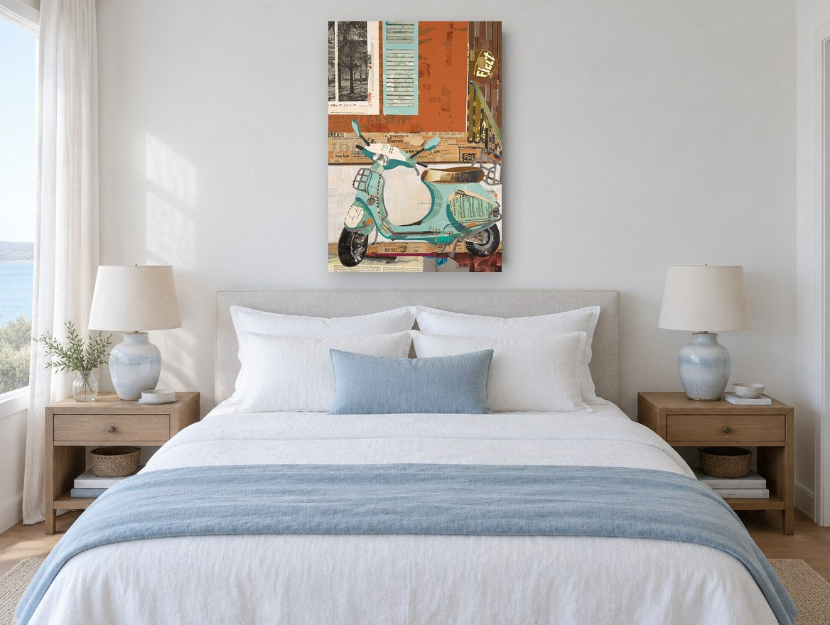 Aqua Scooter Collage vintage canvas print on the wall of a coastal bedroom