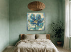 Blue Mosaic Bloom floral canvas print on the wall of a bedroom