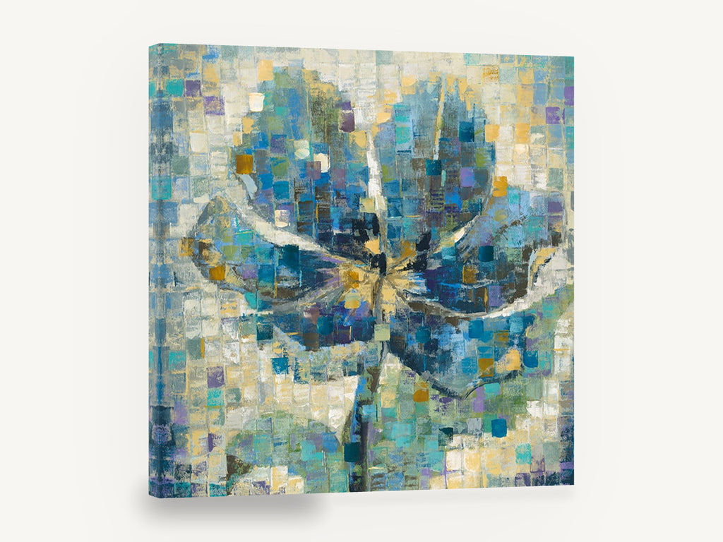 Blue Mosaic Bloom, blue flower mosaic abstract painting, floral canvas wall art print ready to hang