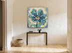 Blue Mosaic Bloom floral canvas print on the wall of a hallway