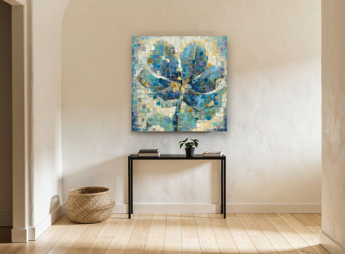 Blue Mosaic Bloom floral canvas print on the wall of a hallway