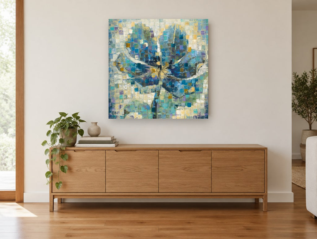 Blue Mosaic Bloom floral canvas print on the wall of a living room above a sideboard