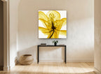 Golden Translucent Bloom floral canvas print on the wall of a hallway