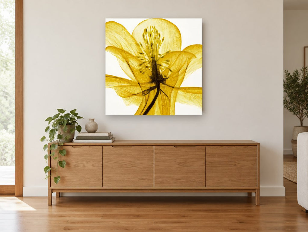 Golden Translucent Bloom floral canvas print on the wall of a living room above a sideboard
