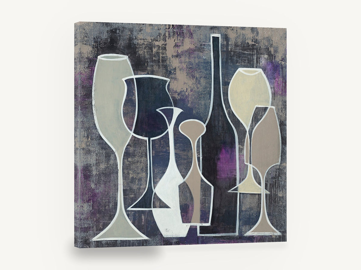 Midnight Wine Silhouettes, abstract wine glasses bottles kitchen, kitchen canvas wall art print ready to hang