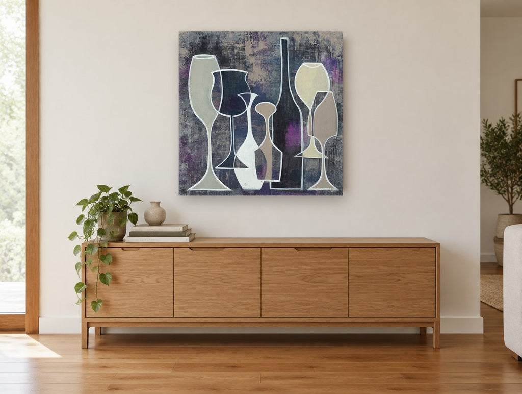 Midnight Wine Silhouettes kitchen canvas print on the wall of a living room above a sideboard