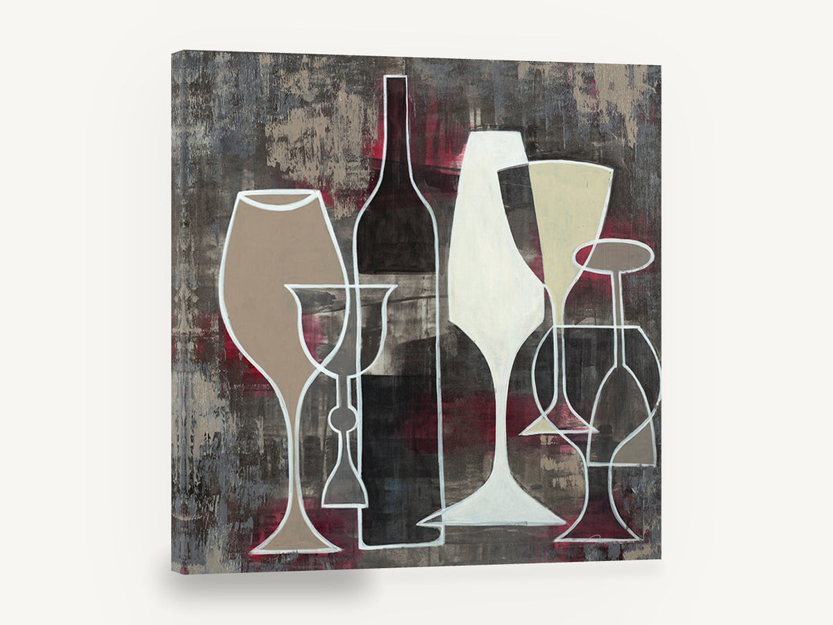 Overlapping Wine Glasses, wine bottle glasses abstract kitchen, kitchen canvas wall art print ready to hang