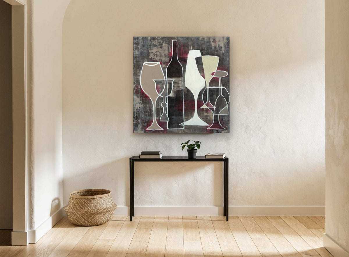 Overlapping Wine Glasses kitchen canvas print on the wall of a hallway