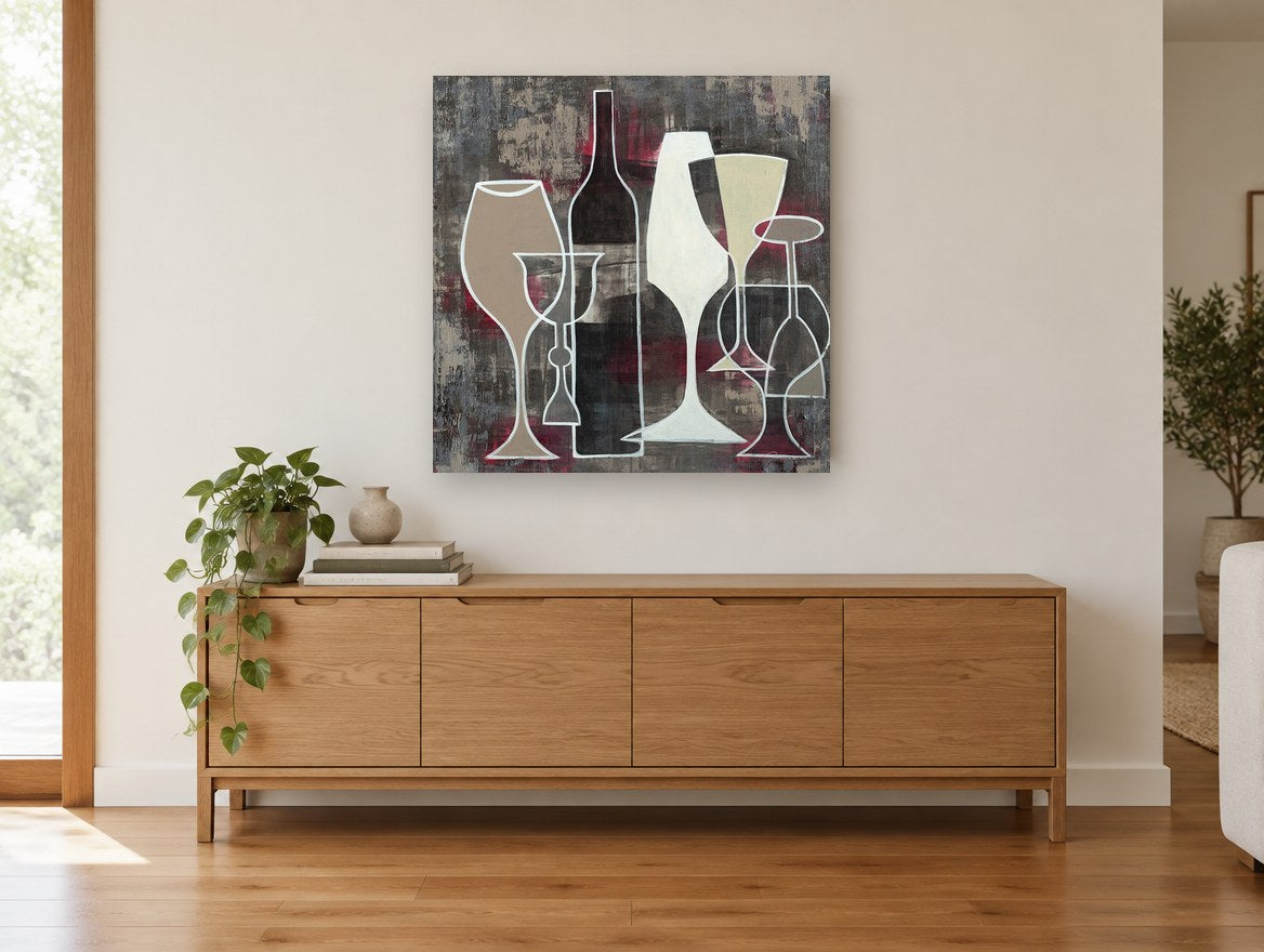 Overlapping Wine Glasses kitchen canvas print on the wall of a living room above a sideboard