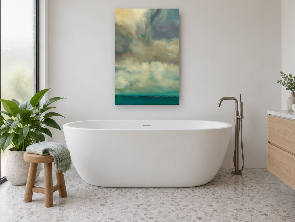 Teal Horizon Cloudscape coastal canvas print on the wall of a bathroom