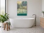 Teal Horizon Cloudscape coastal canvas print on the wall of a bathroom