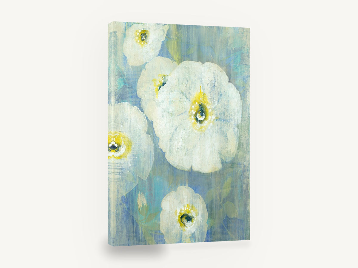 Pale Poppies on Blue, white poppy flowers blue abstract, floral canvas wall art print ready to hang