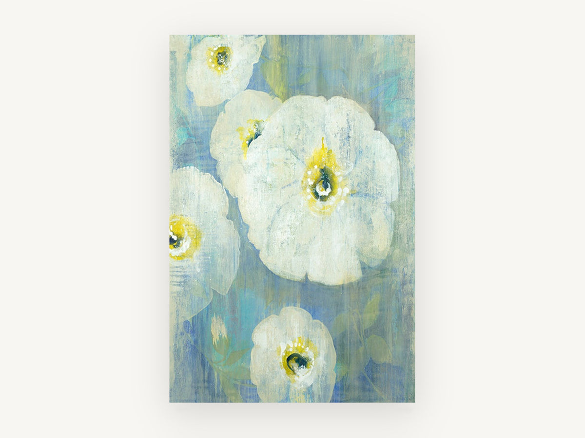 Pale Poppies on Blue, floral canvas wall art print, front view