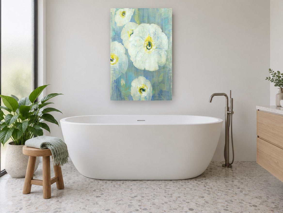 Pale Poppies on Blue floral canvas print on the wall of a bathroom