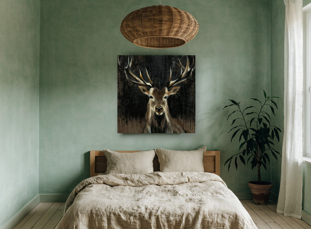 Stag in the Dark animal canvas print on the wall of a bedroom