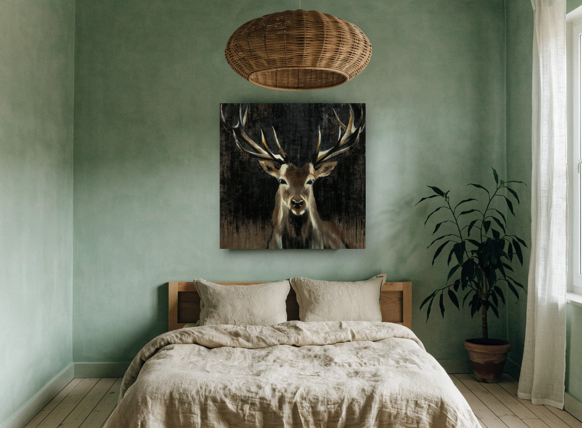 Stag in the Dark animal canvas print on the wall of a bedroom