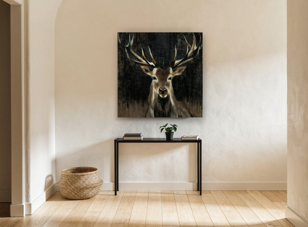 Stag in the Dark animal canvas print on the wall of a hallway
