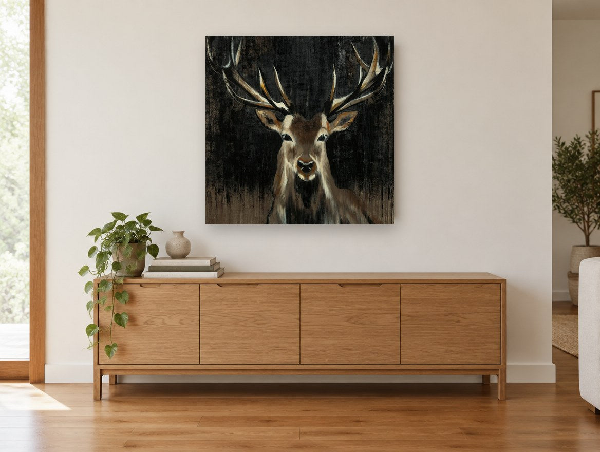 Stag in the Dark animal canvas print on the wall of a living room above a sideboard