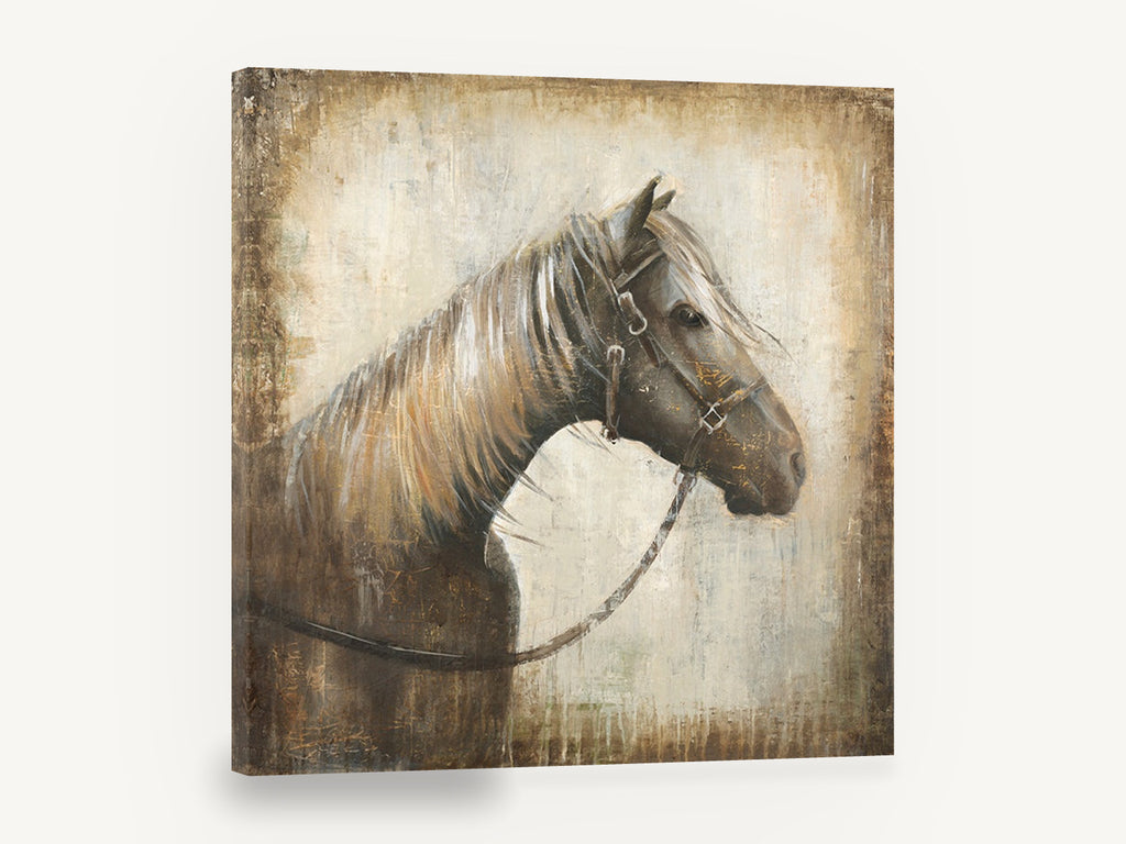 Bridled Horse Profile, horse portrait in weathered textured style, animal canvas wall art print ready to hang