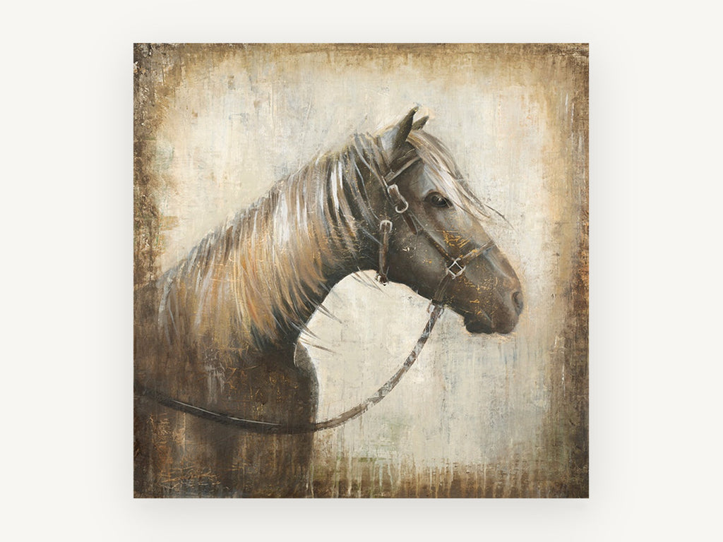 Bridled Horse Profile, horse portrait in weathered textured style, animal canvas wall art print, front view