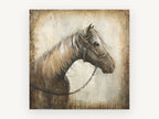 Bridled Horse Profile, horse portrait in weathered textured style, animal canvas wall art print, front view