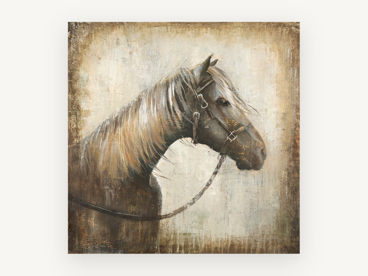 Bridled Horse Profile, horse portrait in weathered textured style, animal canvas wall art print, front view