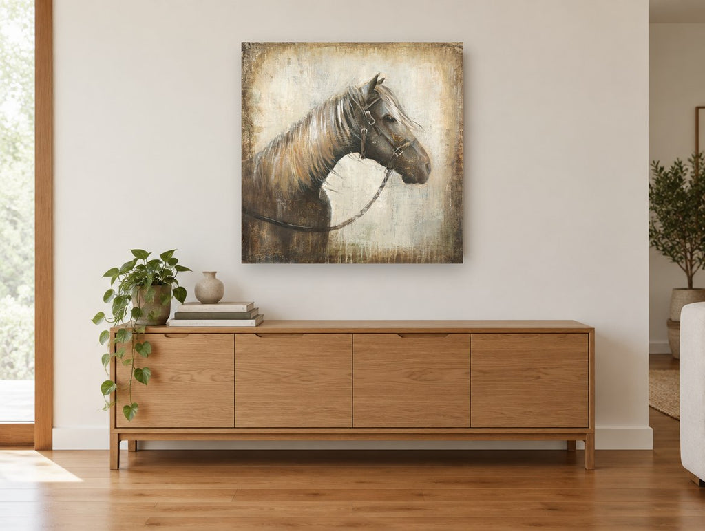 Bridled Horse Profile animal canvas print on the wall of a living room above a sideboard