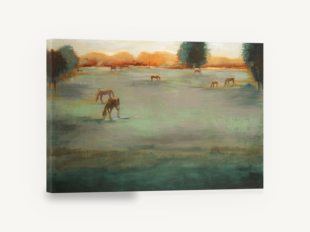 Grazing Horses at Dusk, horses grazing green pasture painting, landscape canvas wall art print ready to hang
