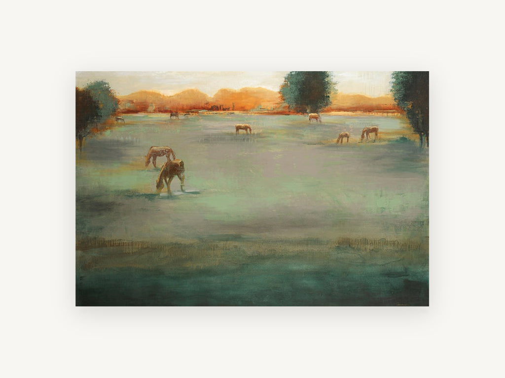 Grazing Horses at Dusk, horses grazing green pasture painting, landscape canvas wall art print, front view