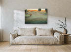 Grazing Horses at Dusk landscape canvas print on the wall of a living room