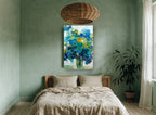 Blue Garden Bouquet floral canvas print on the wall of a bedroom