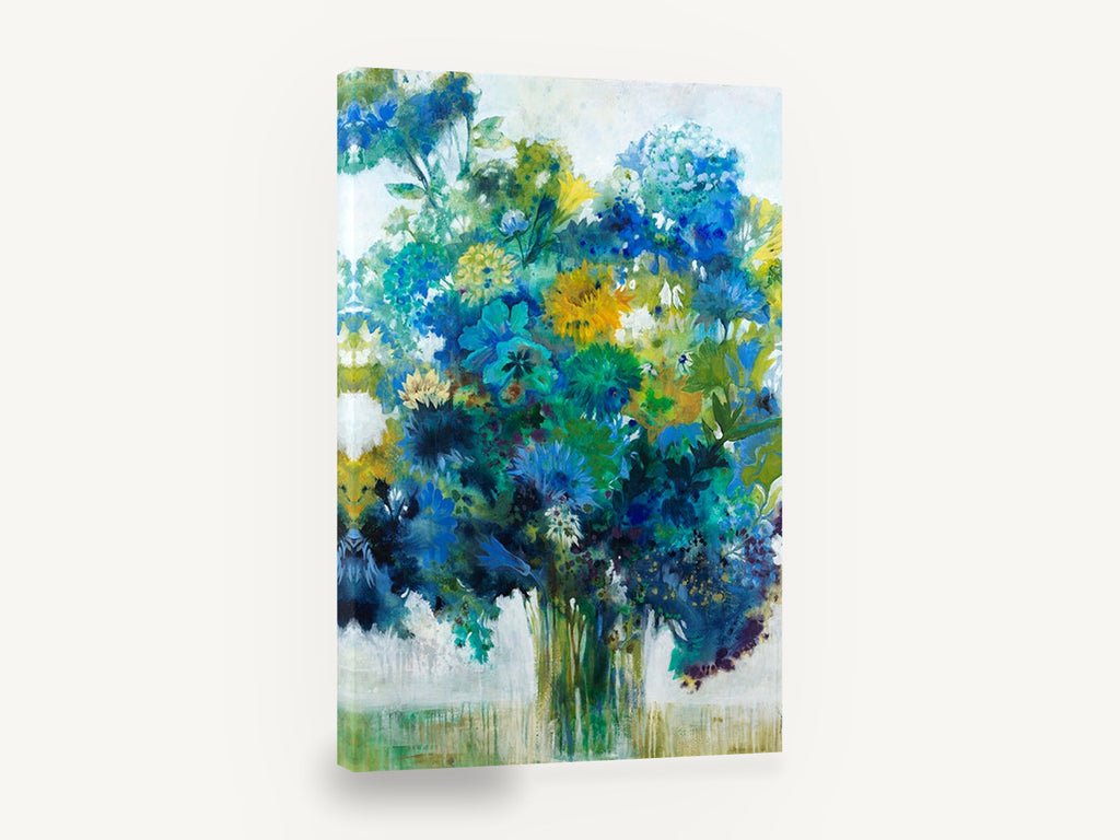 Blue Garden Bouquet, blue and green floral bouquet painting, floral canvas wall art print ready to hang