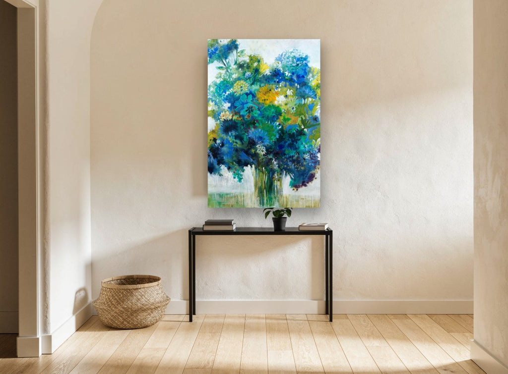 Blue Garden Bouquet floral canvas print on the wall of a hallway